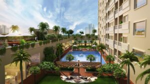 Pool and greenery at spectrum metro front